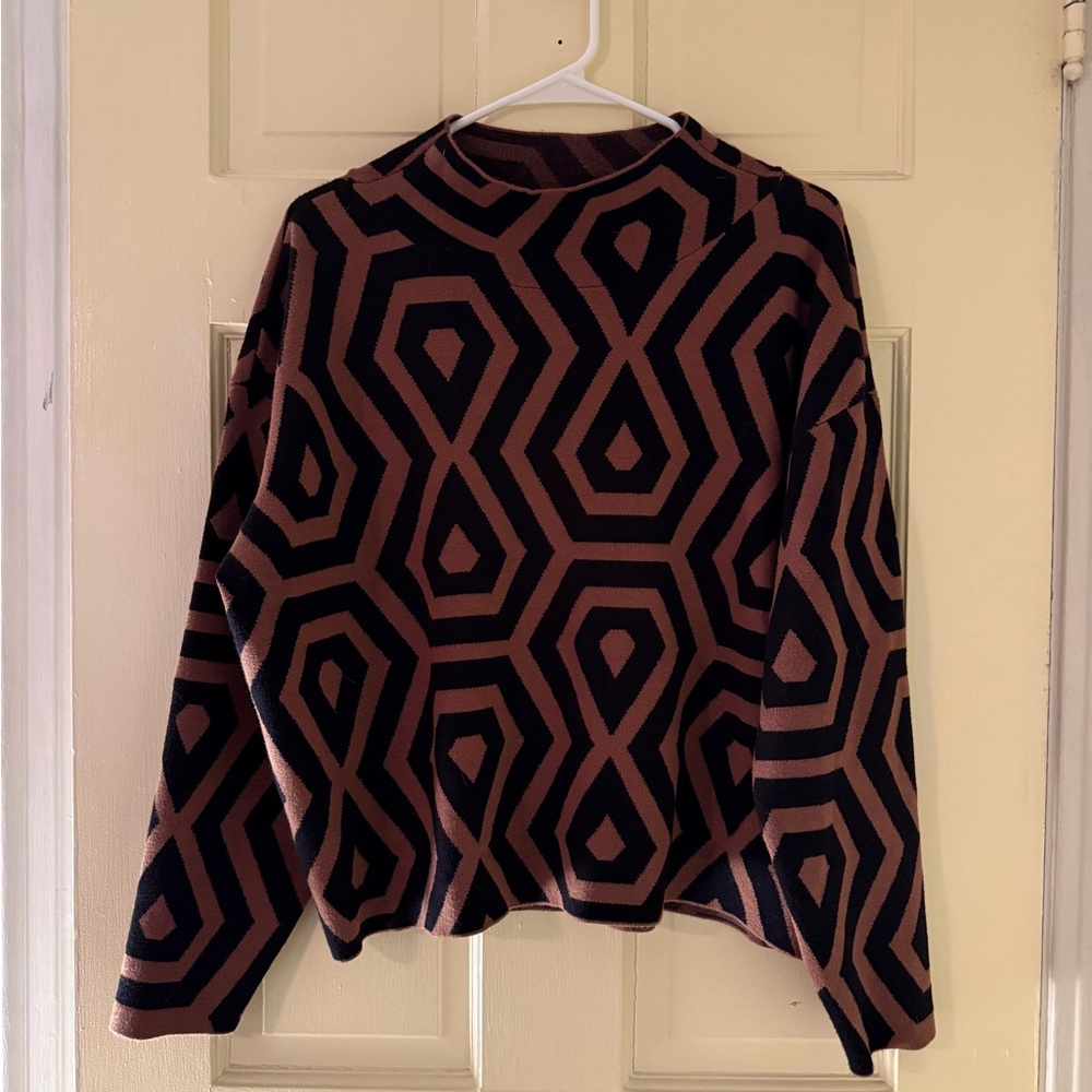Maeve Anthropologie Black and Brown Cowl Neck Sweater with Geometric Pattern